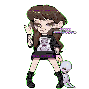 a pixel pagedoll of gothic woman with an alien plushie in hand