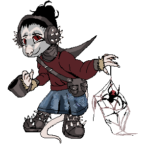 a pixel pagedoll of a anthro rat with a mug in one hand and a spiderweb in the other