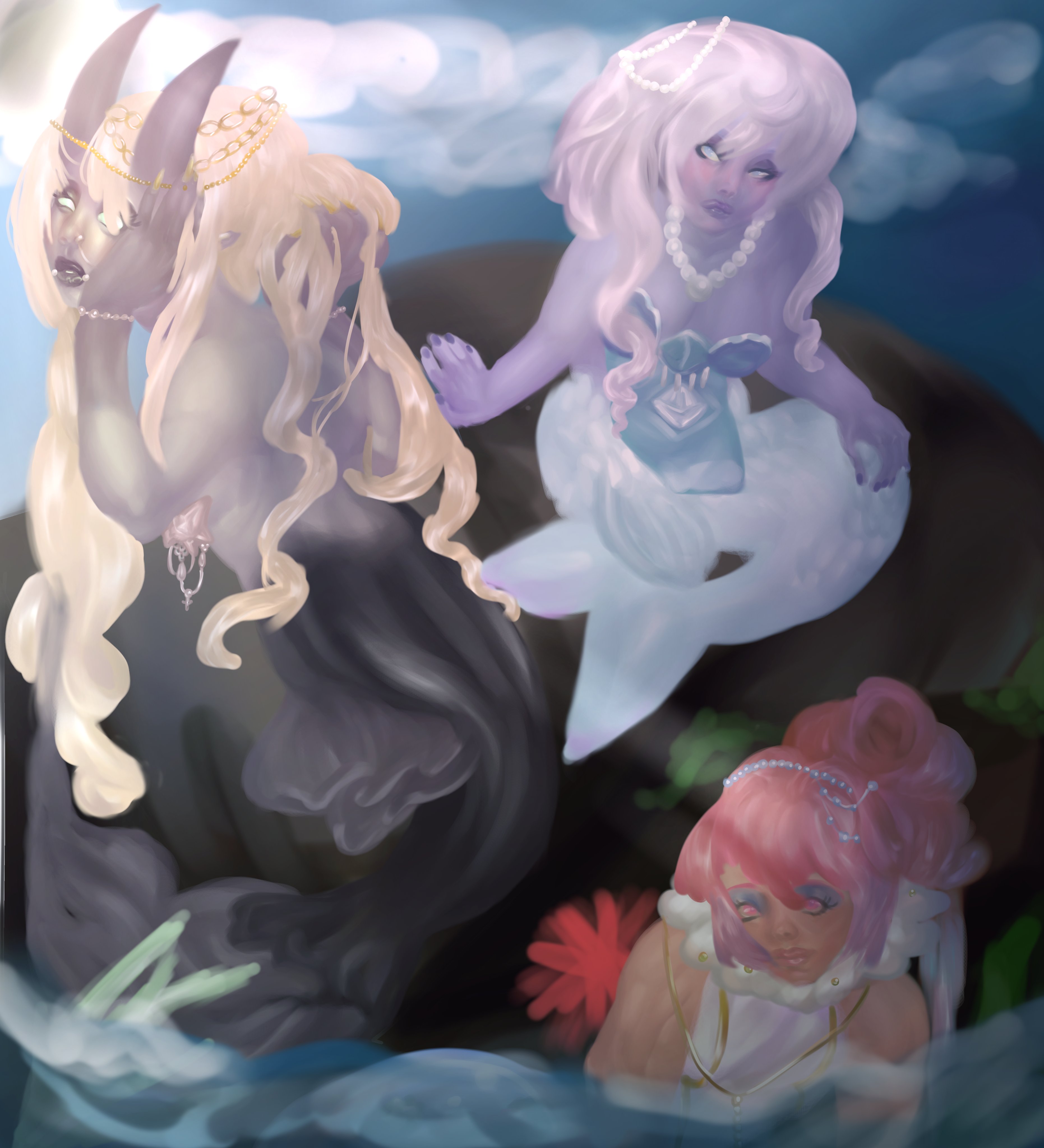 a  realistic anime painting of a group of mermaids perched on a rock at sea at night