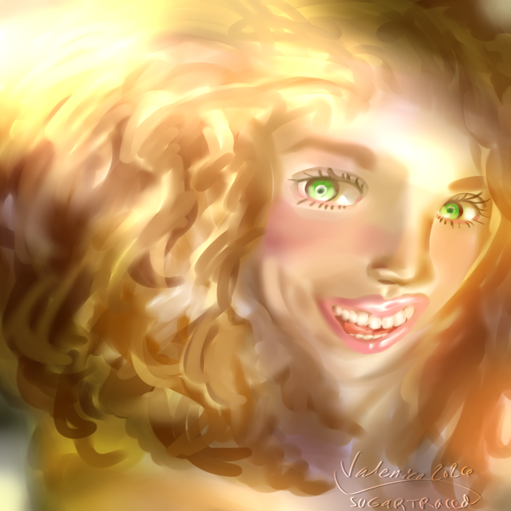 a realistic anime painting of a curly headed blonde woman smiling