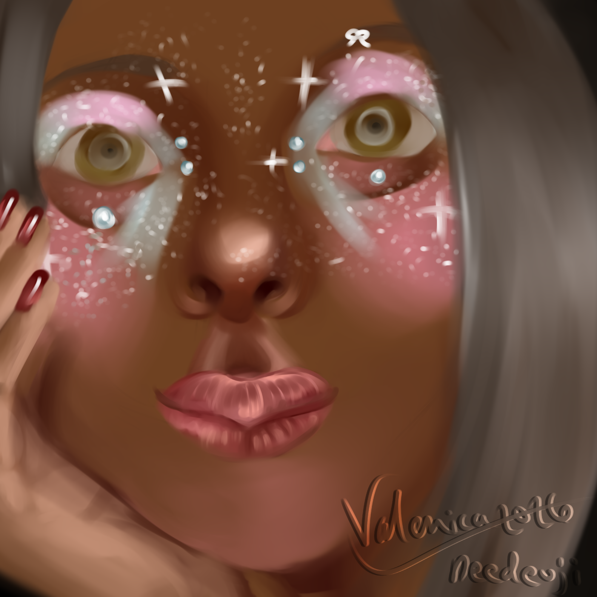 a self-portrait of the artist featuring soft glam makeup