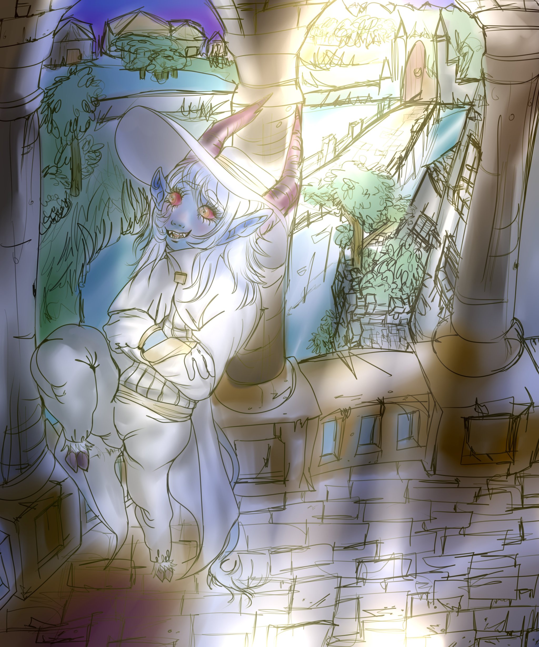 a cellshaded anime drawing of a demon reclining on a castle balcony