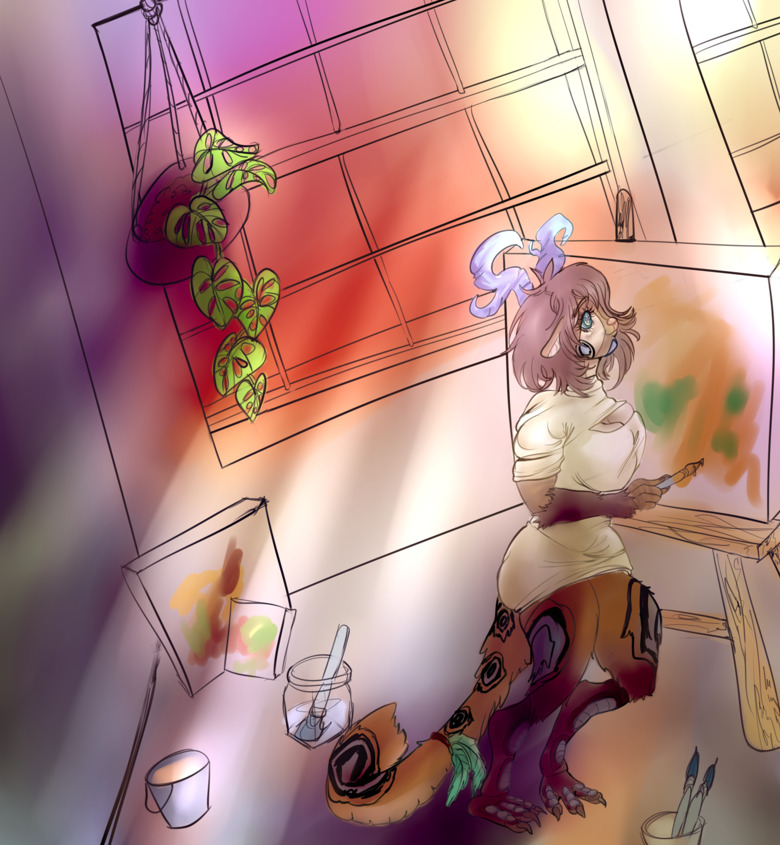 a cellshaded anime drawing of a anthro deer painting at sunset in a studio