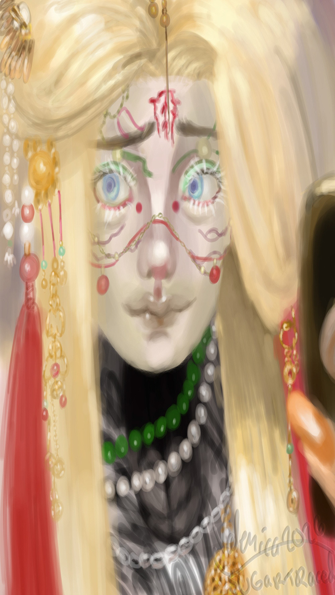 a realistic anime painting of a cosplayer in full garb with phone in hand, posing for a selfie